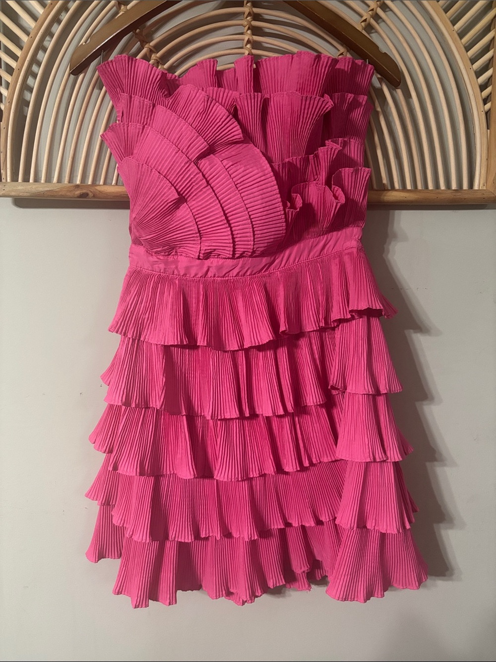 Mable Strapless Pleated Midi Dress in Hot Pink